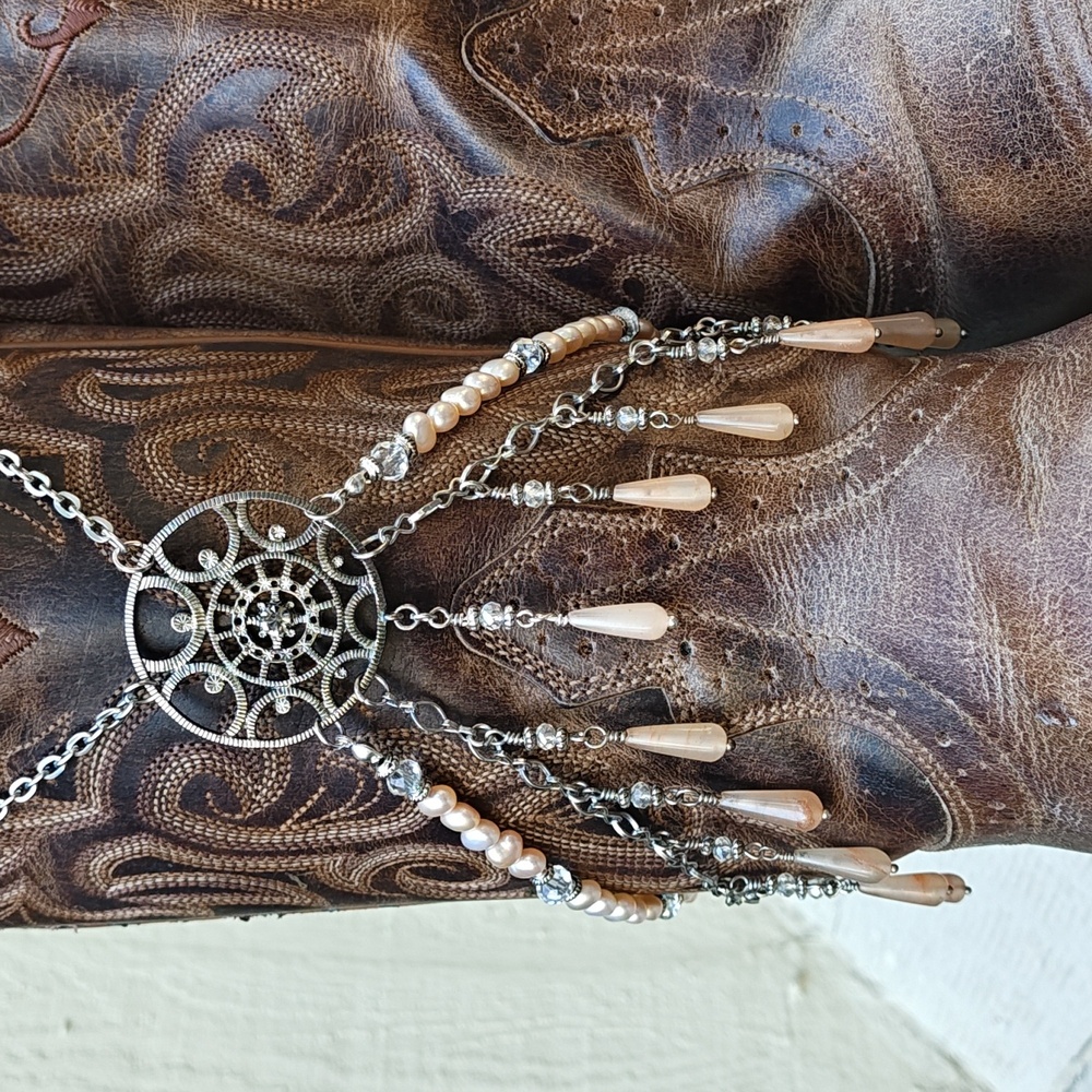 Real Rose Quartz Pearl Crystal Handmade Boot Jewelry Cowgirl Boot Bracelet